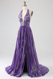 Glitter Purple Pleated Metallic Long Formal Dress with Slit