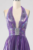 Glitter Purple Pleated Metallic Long Formal Dress with Slit