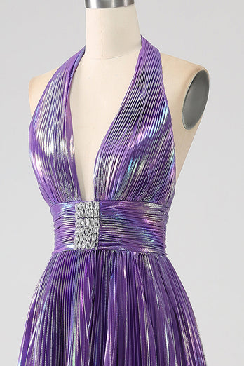 Glitter Purple Pleated Metallic Long Formal Dress with Slit