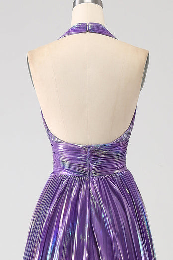 Glitter Purple Pleated Metallic Long Formal Dress with Slit