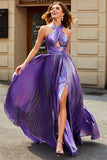 Stunning A Line Halter Neck Purple Long Formal Dress with Keyhole Split Front