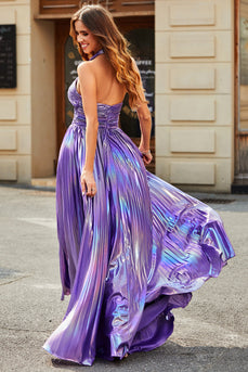 Stunning A Line Halter Neck Purple Long Formal Dress with Keyhole Split Front