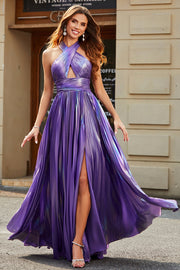 Stunning A Line Halter Neck Purple Long Formal Dress with Keyhole Split Front