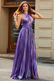 Stunning A Line Halter Neck Purple Long Formal Dress with Keyhole Split Front