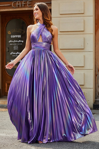 Stunning A Line Halter Neck Purple Long Formal Dress with Keyhole Split Front