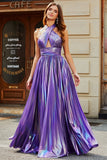 Stunning A Line Halter Neck Purple Long Formal Dress with Keyhole Split Front