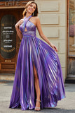 Stunning A Line Halter Neck Purple Long Formal Dress with Keyhole Split Front