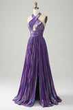 Sparkly Purple Halter A Line Formal Dress with Pleated