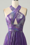 Sparkly Purple Halter A Line Formal Dress with Pleated