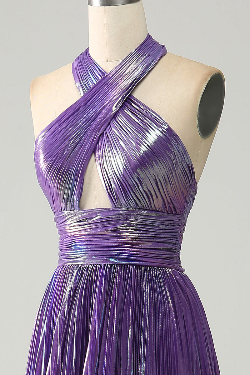 Load image into Gallery viewer, Sparkly Purple Halter A Line Formal Dress with Pleated