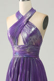 Sparkly Purple Halter A Line Formal Dress with Pleated