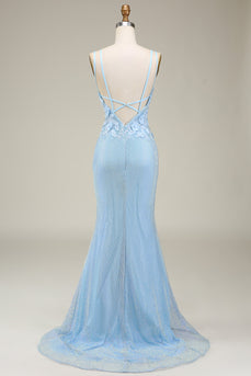 Mermaid Light Blue Long Formal Dress with Appliques