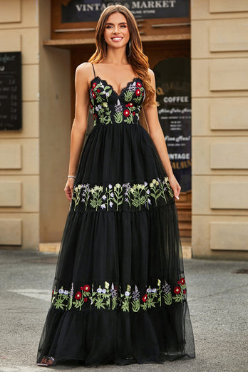Gorgeous A Line Spaghetti Straps Black Long Formal Dress with Embroidery