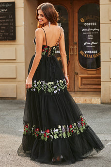 Gorgeous A Line Spaghetti Straps Black Long Formal Dress with Embroidery