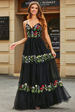 Gorgeous A Line Spaghetti Straps Black Long Formal Dress with Embroidery