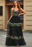 Gorgeous A Line Spaghetti Straps Black Long Formal Dress with Embroidery