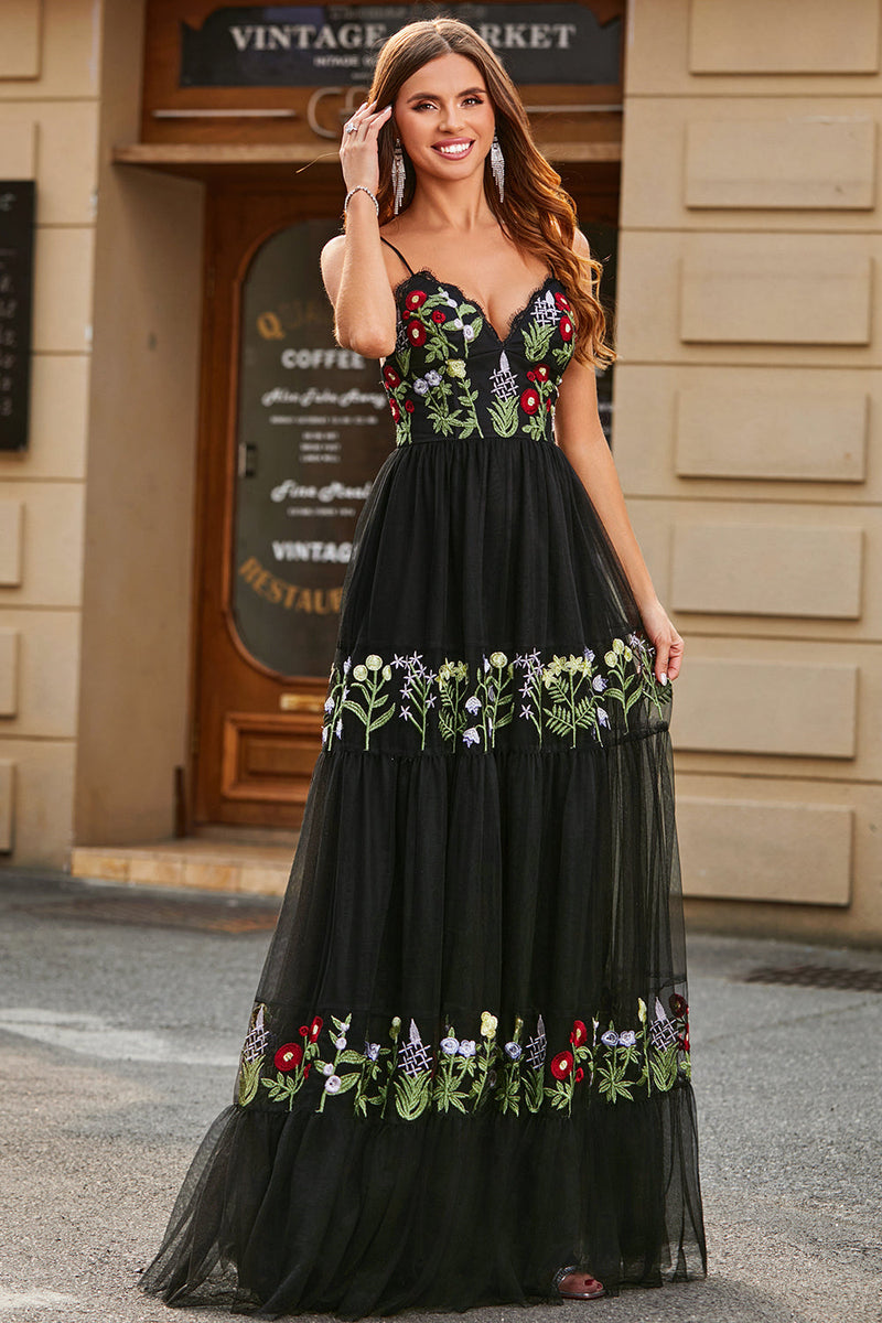 Load image into Gallery viewer, Gorgeous A Line Spaghetti Straps Black Long Formal Dress with Embroidery