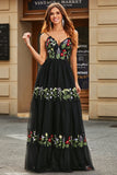 Gorgeous A Line Spaghetti Straps Black Long Formal Dress with Embroidery