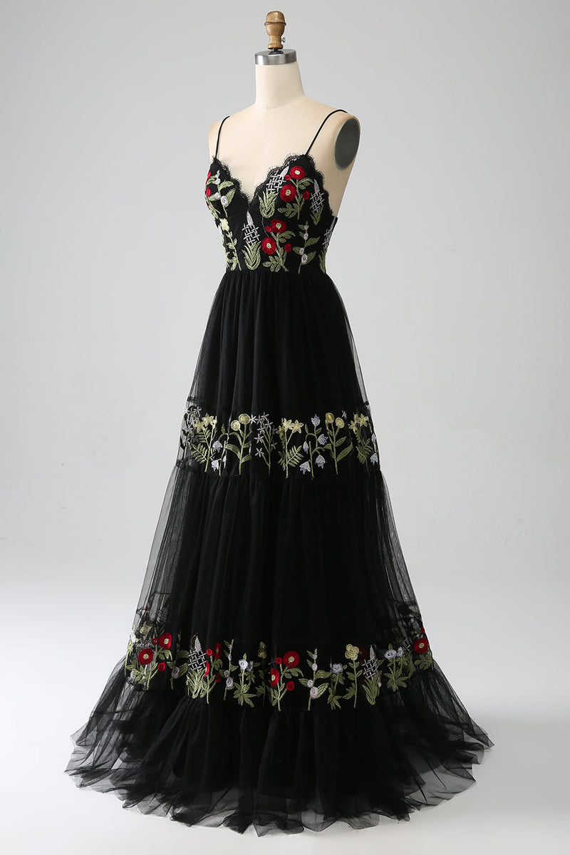 Load image into Gallery viewer, Black A-Line Spaghetti Straps Embroidered Long Corset Formal Dress