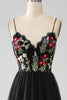Load image into Gallery viewer, Black A-Line Spaghetti Straps Embroidered Long Corset Formal Dress