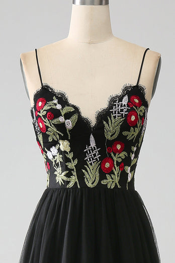 Black A-Line Spaghetti Straps Embroidered Long Corset Formal Dress