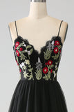 Black A-Line Spaghetti Straps Embroidered Long Corset Formal Dress