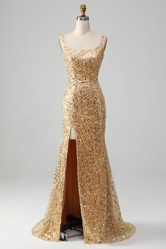 Golden Mermaid Spaghetti Straps Sequined Formal Dress With Slit
