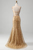 Load image into Gallery viewer, Golden Mermaid Spaghetti Straps Sequined Formal Dress With Slit