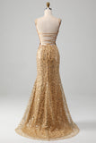 Golden Mermaid Spaghetti Straps Sequined Formal Dress With Slit