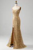 Golden Mermaid Spaghetti Straps Sequined Formal Dress With Slit