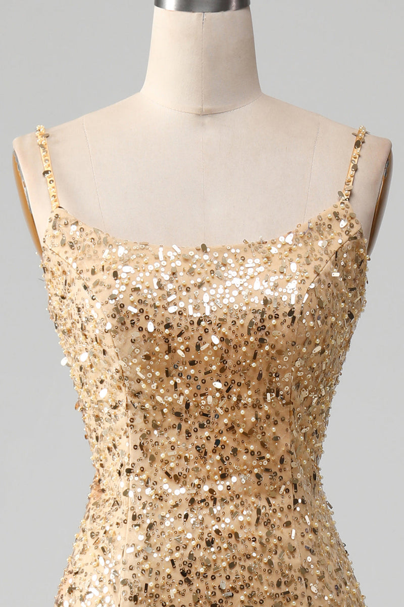 Load image into Gallery viewer, Golden Mermaid Spaghetti Straps Sequined Formal Dress With Slit