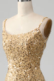 Golden Mermaid Spaghetti Straps Sequined Formal Dress With Slit