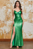 Sparkly Mermaid Green Sequins Long Formal Dress with Split Front