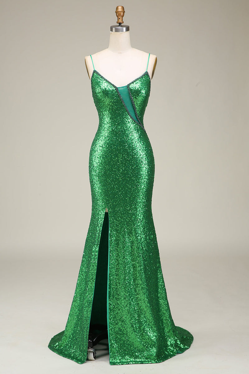 Load image into Gallery viewer, Sparkly Mermaid Spaghetti Straps Green Sequins Long Formal Dress with Split Front