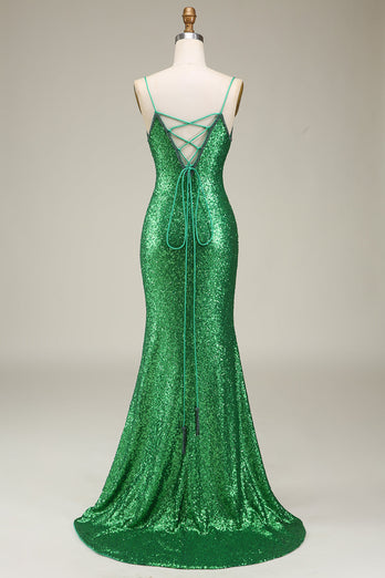 Sparkly Mermaid Spaghetti Straps Green Sequins Long Formal Dress with Split Front