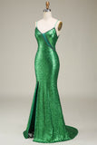 Sparkly Mermaid Spaghetti Straps Green Sequins Long Formal Dress with Split Front