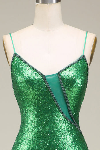 Sparkly Mermaid Spaghetti Straps Green Sequins Long Formal Dress with Split Front