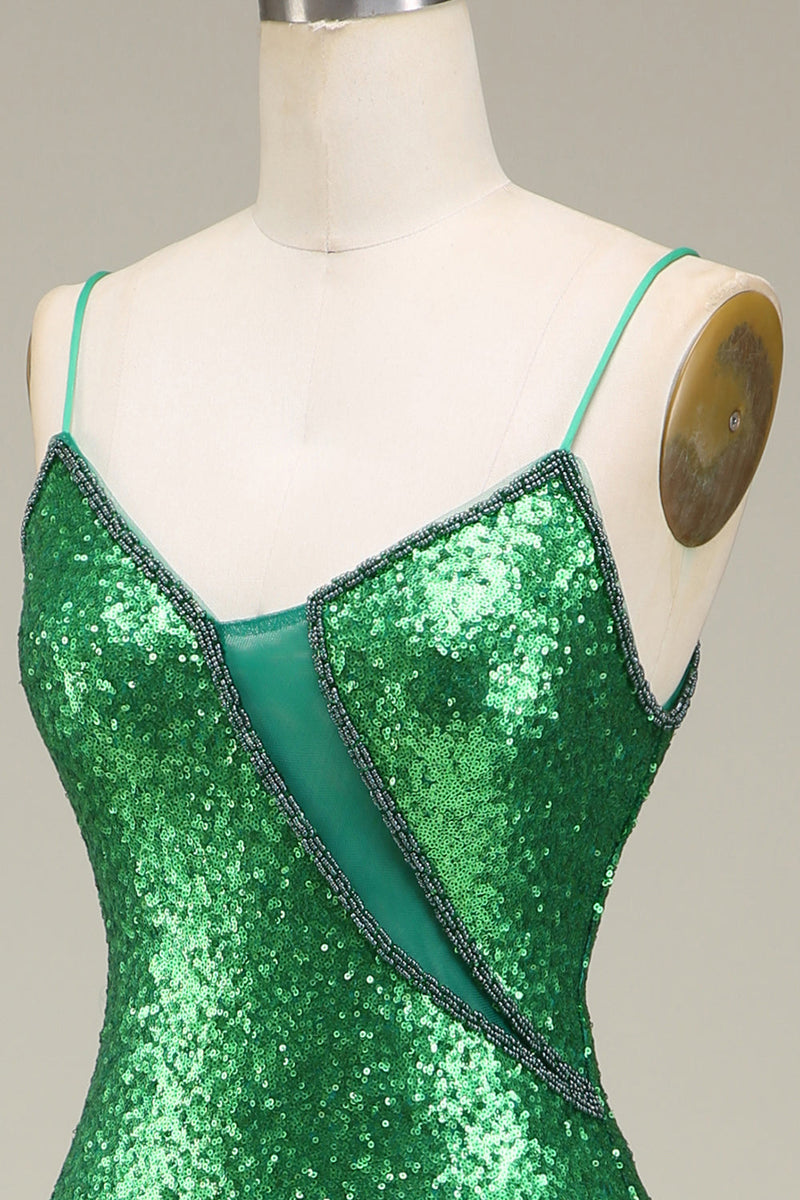 Load image into Gallery viewer, Sparkly Mermaid Spaghetti Straps Green Sequins Long Formal Dress with Split Front
