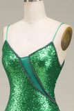 Sparkly Mermaid Spaghetti Straps Green Sequins Long Formal Dress with Split Front