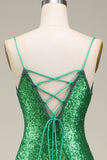 Sparkly Mermaid Spaghetti Straps Green Sequins Long Formal Dress with Split Front