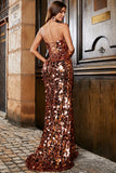 Saparkly Mermaid Spaghetti Straps Golden Sequins Long Formal Dress with Split Front