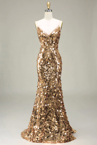 Sparkly Golden Mermaid Sequin Formal Dress With Slit