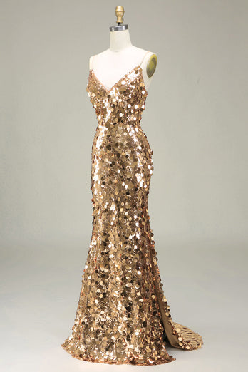 Sparkly Golden Mermaid Sequin Formal Dress With Slit