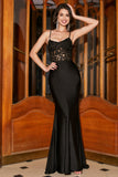 Mermaid Spaghetti Straps Black Corset Formal Dress With Appliques