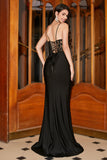 Mermaid Spaghetti Straps Black Corset Formal Dress With Appliques