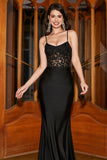 Mermaid Spaghetti Straps Black Corset Formal Dress With Appliques