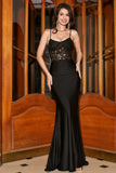 Mermaid Spaghetti Straps Black Corset Formal Dress With Appliques