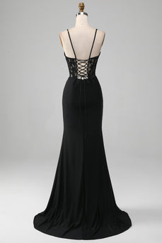 Black Mermaid Spaghetti Straps Corset Formal Dress With Appliques