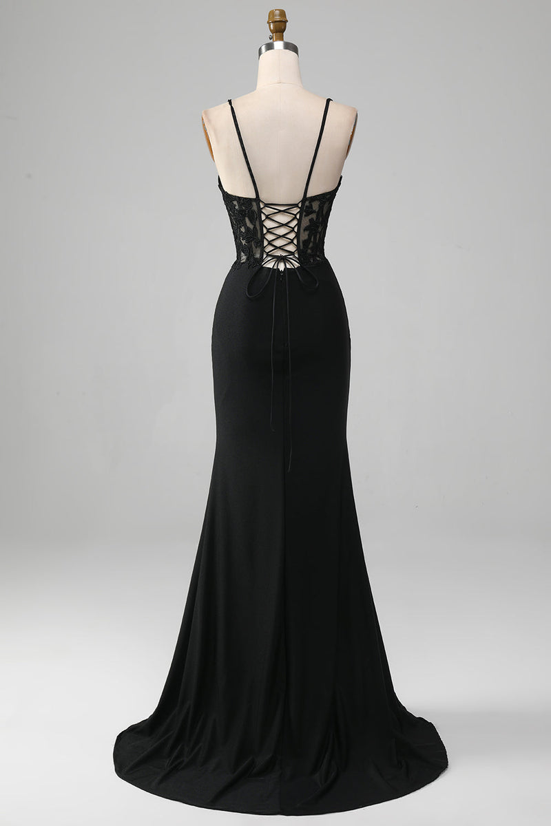 Load image into Gallery viewer, Black Mermaid Spaghetti Straps Corset Formal Dress With Appliques