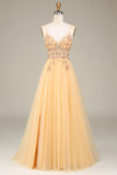 A Line Spaghetti Straps Golden Long Formal Dress with Beading